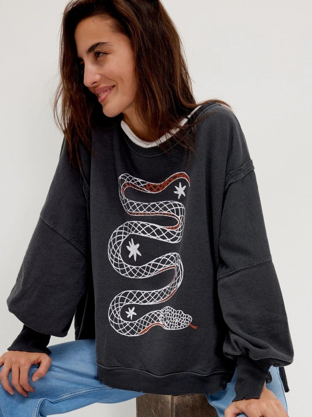 We The Free Graphic Camden Pullover Snake Sweatshirt Black Sz S NWOT